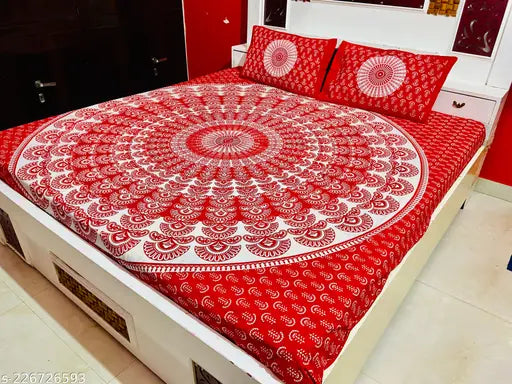 Real Image double bed pure cotton sheets, ethnic motifs, superfine quality, 2 pillow covers, 160 thread count, ideal for summer, made in India (90x100)