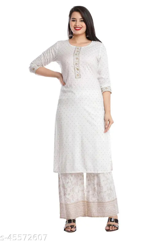 White printed kurta plazo set, rayon slub fabric, three-quarter sleeves, Indian traditional clothing on mannequin