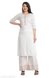 White printed kurta plazo set, rayon slub fabric, three-quarter sleeves, Indian traditional clothing on mannequin