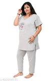 Plus-size women's cotton blend night suit set with printed net top and bottom, featuring short sleeves and two pockets