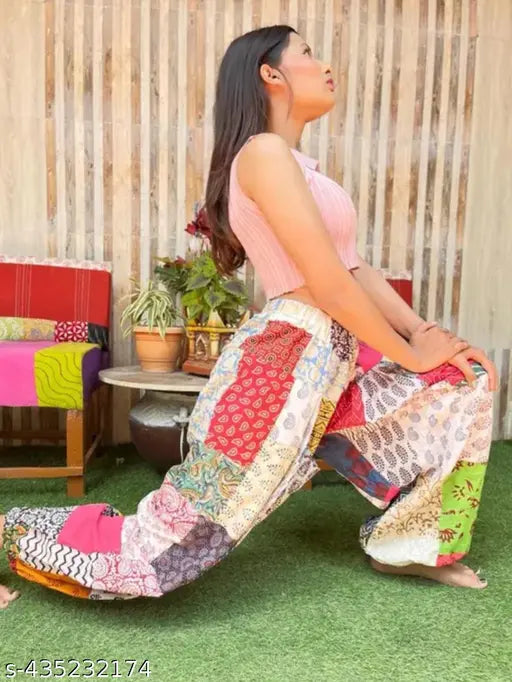Colorful cotton patchwork pajama pants, unisex harem style for yoga and walking