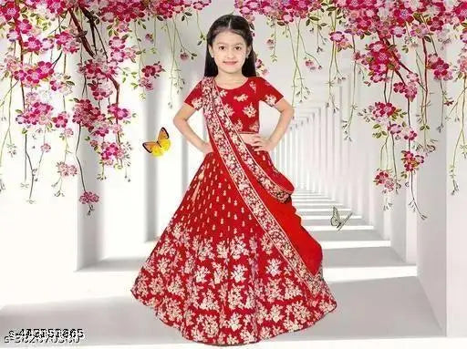 Embroidered satin pattu lehenga designs for kids (ages 0-15) in net dupatta, semi-stitched with short sleeves, Indian origin