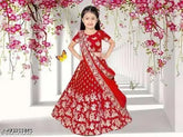 Embroidered satin pattu lehenga designs for kids (ages 0-15) in net dupatta, semi-stitched with short sleeves, Indian origin