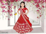 Embroidered satin pattu lehenga designs for kids (ages 0-15) in net dupatta, semi-stitched with short sleeves, Indian origin