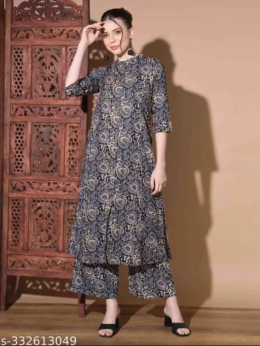 Blue cotton co-ord set, Kalamkari print women's kurta & palazzos with traditional black motifs, rolled sleeves & Mandarin neckline, made in India