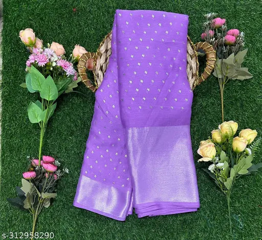 Moss chiffon silver foil printed saree, India-made single piece with running blouse, zari woven net pattern in free size (L: 5.5m, B: 0.8m)