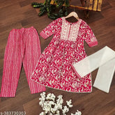 Printed embroidered cotton kurta bottom dupatta set for girls, featuring three-quarter sleeves and net fabric. Indian traditional attire perfect for functions, festivals, parties, or weddings