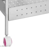 Stainless Steel Perforated 4-Tier Fruit & Veggie Onion Trolley. Modern storage rack for kitchen, bathroom, bedroom, laundry room. Prevents corrosion in wet environments. Mirror finish and lockable wheels