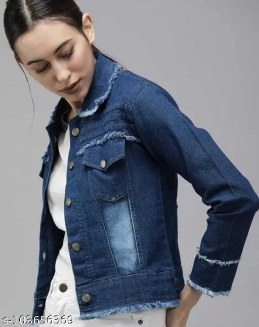 Dark denim 3-quarter sleeve jacket, solid pattern for girls, Decent Fashion brand