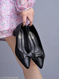 Synthetic slip-on black sandals for women & girls, pointed toe with bow detail, classic bellies finish - Made in India