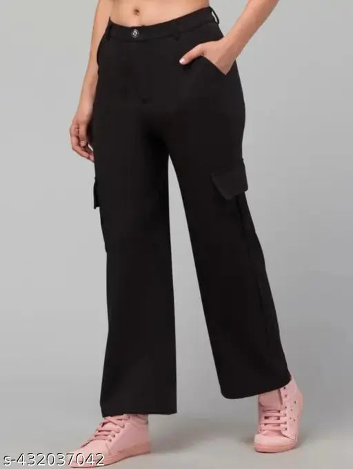 Trendy black cotton blend cargo pants for women & girls (2-pack), solid design with elasticated ribbed waist and 4 functional pockets, perfect for nightwear, casual, gym, sports, or evening wear