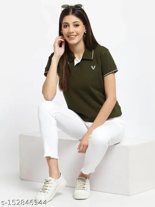 Olive green cotton KZALCON women's short sleeve t-shirt, versatile wardrobe staple from India