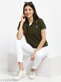Olive green cotton KZALCON women's short sleeve t-shirt, versatile wardrobe staple from India