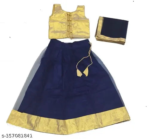 Satin and net designer lehenga-choli-dupatta set for girls, solid colored with embellishments, Indian butta patch work on display