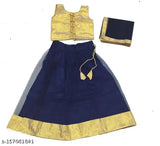 Satin and net designer lehenga-choli-dupatta set for girls, solid colored with embellishments, Indian butta patch work on display