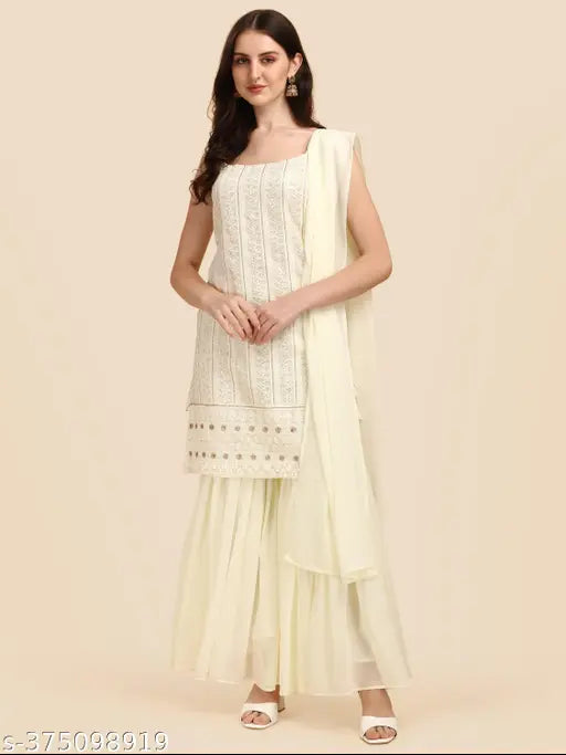 Georgette Embroidered Kurta Sharara Set with Dupatta, Indian women's fashion in sleeveless styles