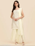 Georgette Embroidered Kurta Sharara Set with Dupatta, Indian women's fashion in sleeveless styles