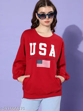 Red oversized cotton sweatshirt with printed design, long sleeves and hood, women's size M