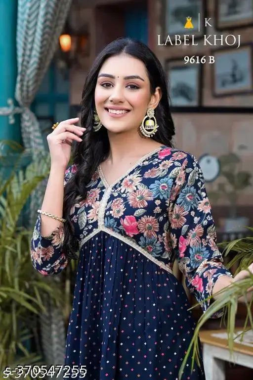 Blue rayon A line Alia kurti with pocket, printed combo, three-quarter sleeves, traditional Indian wear