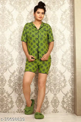 Women's cotton printed nightwear top & shorts (size SML), soft, comfortable sleepwear with side pockets and elastic/drawstring waistband, made from quality cotton fabric (India)