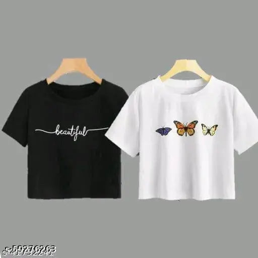 Printed cotton blend women's crop top, short sleeves, trendy, AADITRIE FASHIONS