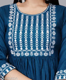 Embroidered rayon kurti, single color, three-quarter sleeves, Indian ethnic wear for women