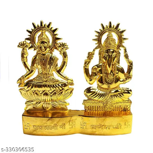Gold plated Laxmi Ganesh statue, Indian handcrafted deity for home, office decor, car dashboard gifting - 7cm length, 11cm height