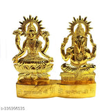 Gold plated Laxmi Ganesh statue, Indian handcrafted deity for home, office decor, car dashboard gifting - 7cm length, 11cm height