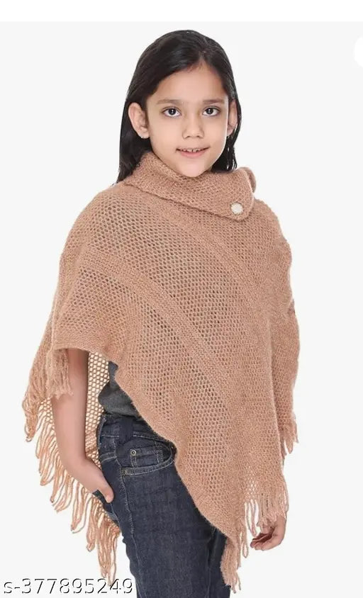Wool sleeveless solid camel poncho, 7-8 years size, easy wash, Indian handcrafted garment