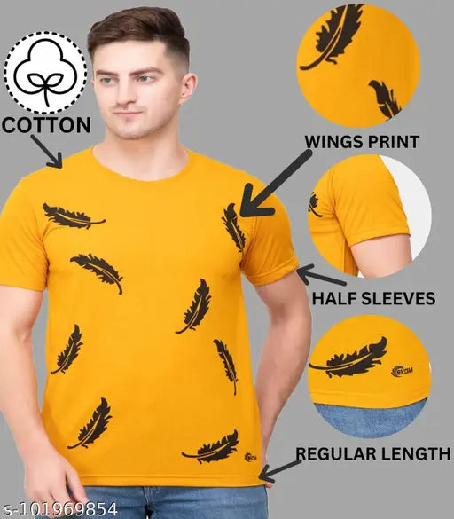 Cotton blend half sleeve wings printed men's t-shirt, classic fit with rib collar, made in India