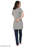 Embroidered cotton blend summer night suit set for women, featuring printed design, short sleeves, and pyjama pockets with side slits. Comfortable, easy wash, and soft poly-cotton fabric. Duchess set perfect for active or casual wear. Made in India
