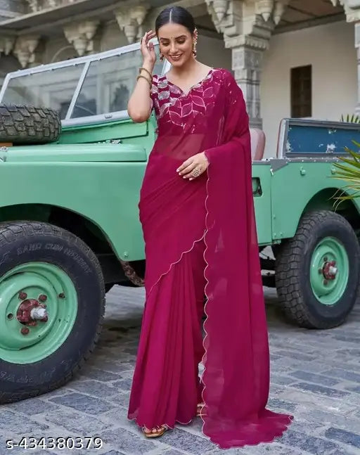 Georgette saree with multicolor leaf border, pink full work blouse for women's festive wear