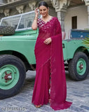 Georgette saree with multicolor leaf border, pink full work blouse for women's festive wear