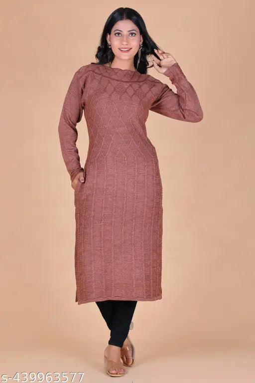 Striped wool winter kurti for women, Vardhman Daffodils yarn, eco-friendly, intricate detailing, free size, breathable fabric