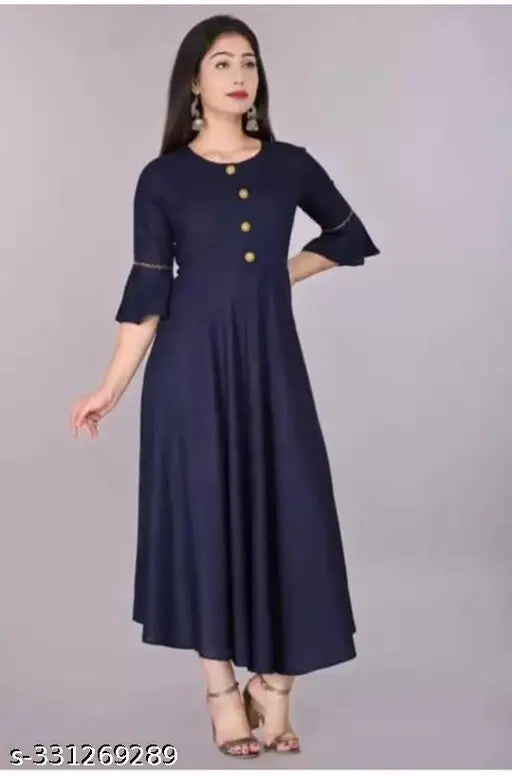 Navy Blue Rayon Flared Kurtis for Women, solid design, three-quarter sleeves, trendy ethnic wear from India