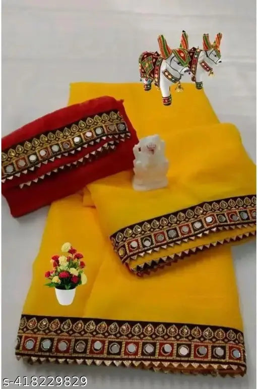 Georgette Maharani saree with separate dupion silk blouse, solid pattern and fancy Maharani lace detail, India origin