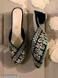 Synthetic queen heel juttis & mojaris, embellished ankle loop slippers in sizes IND-5 to IND-9, best for wedding wear from India