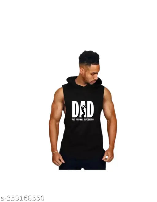 Black polyester sleeveless SportsGym T-shirt by Fabstieve Trendy dad, printed with gym motifs, for men's sizes M to XXL