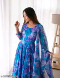 Floral Georgette Kurti with Dupatta, three-quarter sleeves, Indian handcrafted print gown, complete lining, 50 inches length