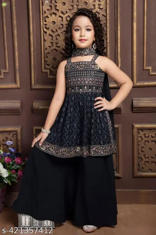 Black multi-color embroidery and sequins work peplum top and palazzo set for girls. Georgette fabric with dupatta. A-line shaped top, palazzo bottoms. Sizes available from 3-4 years to 15-16 years. Origin: India
