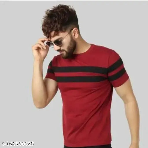 Maroon and black striped men's cotton t-shirt with short sleeves, available in S, M, L, XL, XXL. Made in India