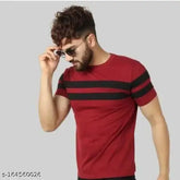 Maroon and black striped cotton men's short-sleeve t-shirt on hanger, available in S-XXL, made in India