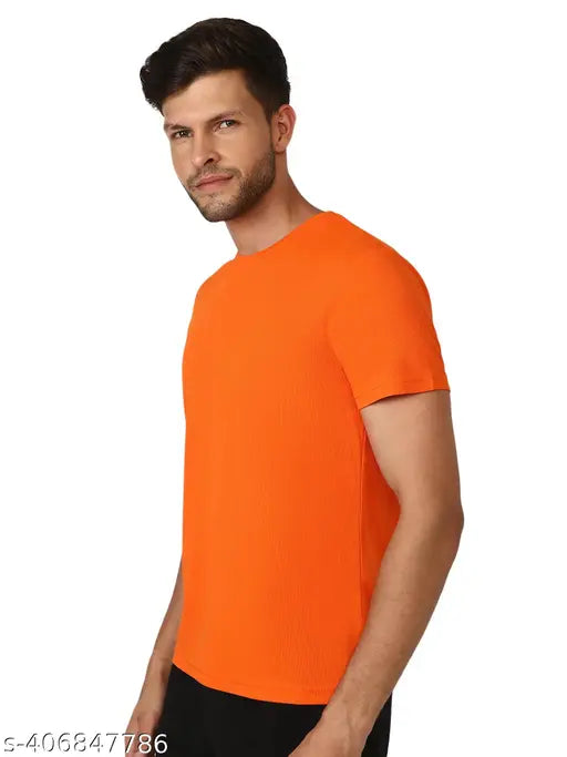 Orange polyester men's half sleeve t-shirt, solid design for casual wear