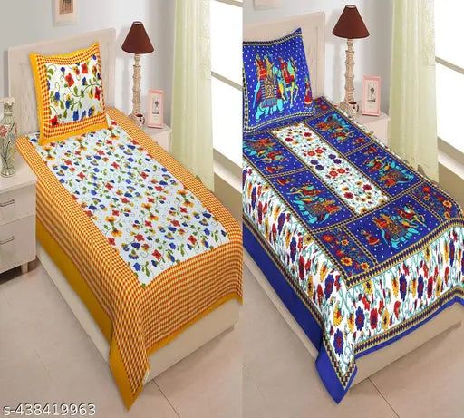 Jaipuri cotton single bedsheet combo pack, two bedsheets and two pillow covers for summer, ideal for adult use, VNV Creation brand