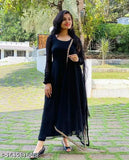 Black georgette gown with dupatta set, solid design Indian bridal wear for women's formal event on mannequin