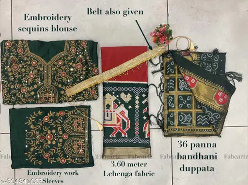 Unstitched art silk traditional half saree set, South Indian style with Ikat dupatta and embroidered top, Litchi Silk zari work, tussles and belt included