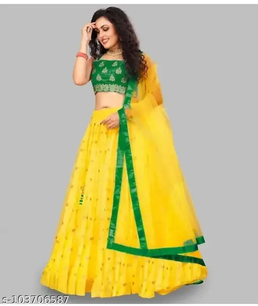Embroidered yellow satin lehenga choli with net dupatta, free size Indian semi-stitched embroidery