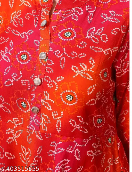 Rayon Bandhani print Anarkali Kurta for women, three-quarter sleeves, vibrant Indian festival wear