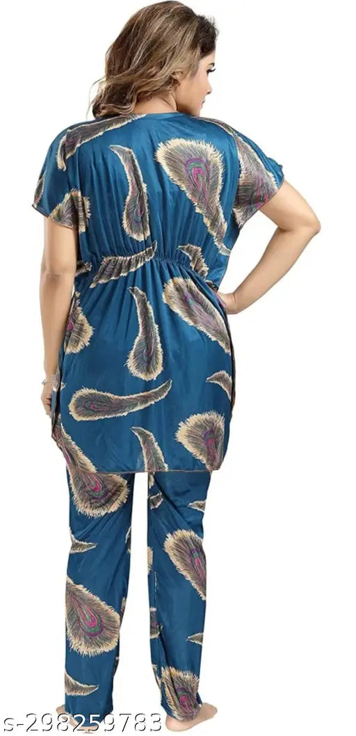 New stylish satin kaftan nightsuit pyjama set for women, printed design with short sleeves