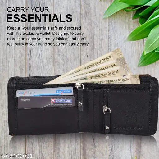 Felice black PU men's wallet, triple compartment, sleek design, Free Size (10cm x 2cm), India-made